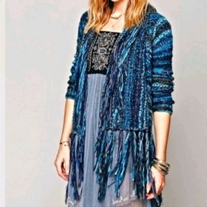 Free People Teal Blue Green Tassel Fringe Open Cardigan L